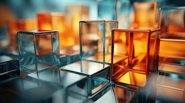 Arrière-plan abstrait 3D de cubes de verre teal et orange réfléchissants avec espace de copie
