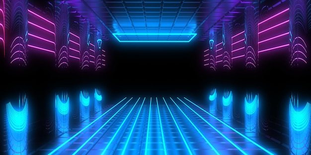 Arrière-plan abstrait 3D avec des lumières au néon Construction de l'espace du tunnel au néon Illustration 3D