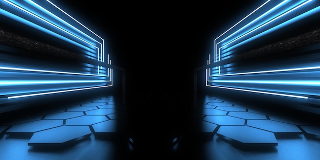 Arrière-plan abstrait 3D avec des lumières au néon Construction de l'espace du tunnel au néon Illustration 3D