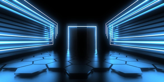 Arrière-plan abstrait 3D avec des lumières au néon Construction de l'espace du tunnel au néon Illustration 3D