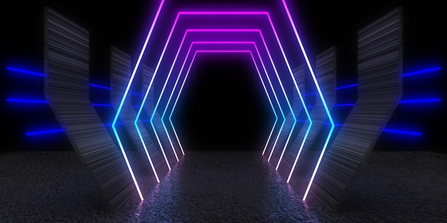 Arrière-plan abstrait 3D avec des lumières au néon Construction de l'espace du tunnel au néon Illustration 3D
