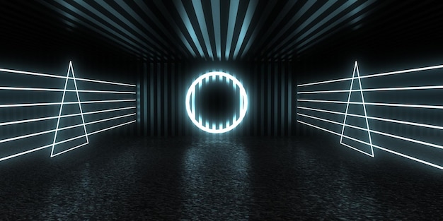 Arrière-plan abstrait 3D avec néons. tunnel au néon .construction de l'espace . .illustration 3d