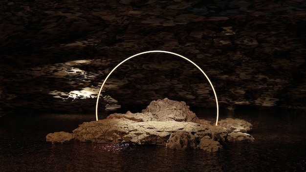 Arrière-plan abstrait du cadre néon sur rocher à l'intérieur de la grotte, rendu d'illustration 3D