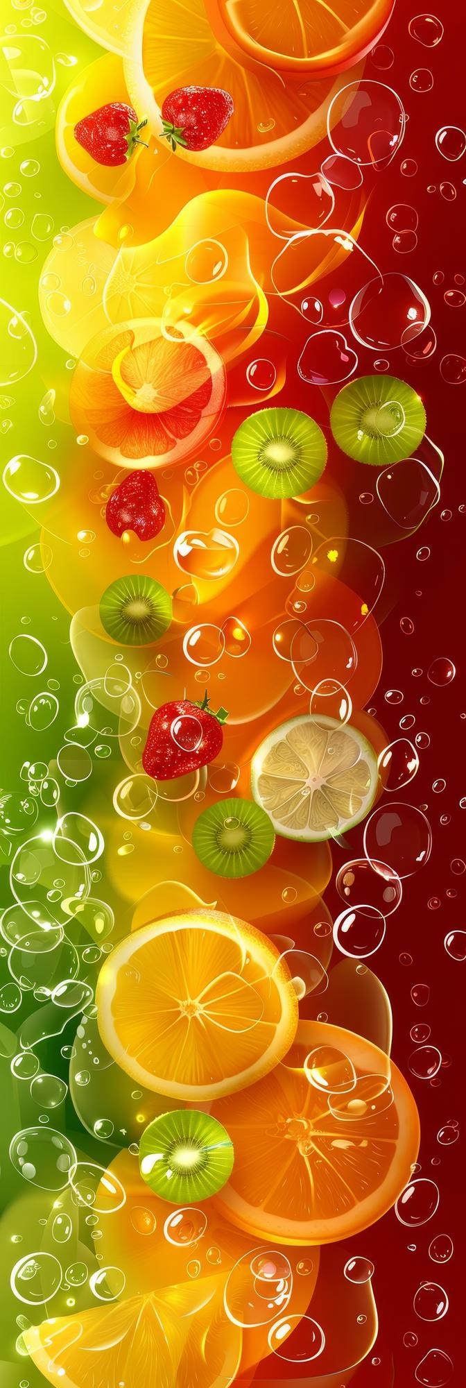 Photo arrière-plan abstrait élégant de fruits frais et de bulles avec une palette de couleurs vives