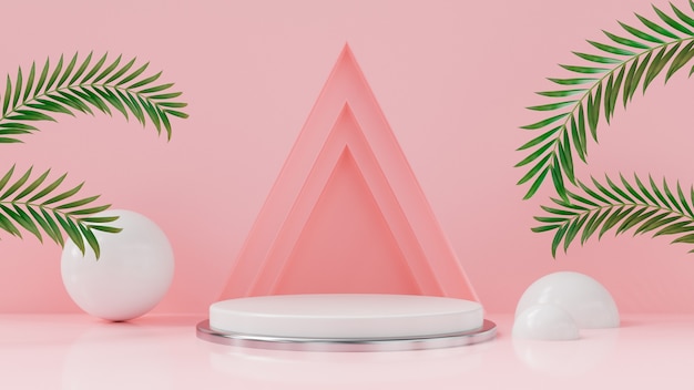 Arrière-plan abstrait de forme géométrique rose avec géométrie avec feuille tropicale Podium minimaliste maquette scène rendu 3d