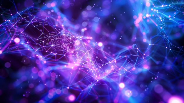 Arrière-plan abstrait de formes géométriques lumineuses violettes et bleues reliées dans le style de lignes réseau neural ou thème d'intelligence artificielle motif complexe avec des points interconnectés et un triangle