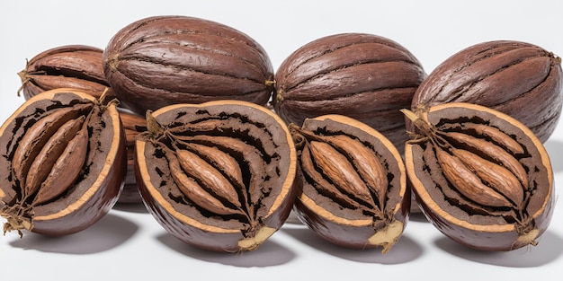 Arrière-plan abstrait des fruits de l'arbre de cacao sur un fond blanc