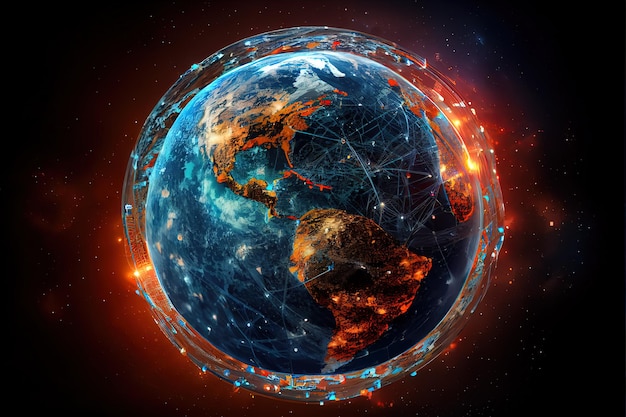 Arrière-plan abstrait futuriste, la terre est connectée par la noosphère Internet mondiale de la terre AI générative