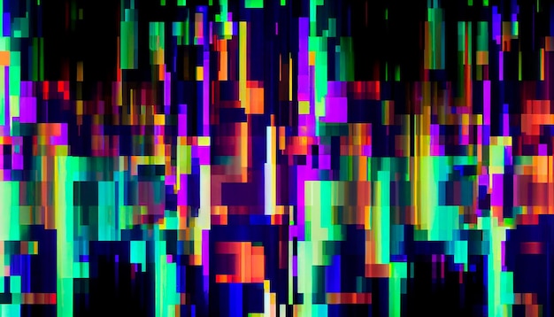 Arrière-plan abstrait avec glitch numérique entrelacé et effet de distorsion Design futuriste cyberpunk Rétro futurisme webpunk rave 80s 90s cyberpunk esthétique techno couleurs néon AI générative