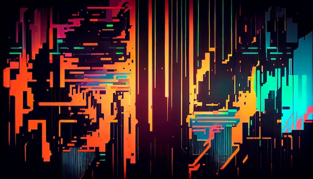 Arrière-plan abstrait avec glitch numérique entrelacé et effet de distorsion Design futuriste cyberpunk Rétro futurisme webpunk rave 80s 90s cyberpunk esthétique techno couleurs néon AI générative