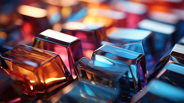 Arrière-plan abstrait avec un gros plan de blocs de cristal brillants avec des reflets de gradient multicolores sur la surface du miroir formant quelque chose de beau