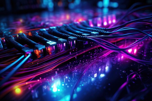 Arrière-plan abstrait multicolore lumières au néon brillantes connexion au réseau de fibre optique hautes technologies informatiques grandes bases de données