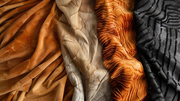 Photo arrière-plan abstrait avec des plis ondulés de tissu beige orange et noir les plis ressemblent aux vagues d'une mer orageuse
