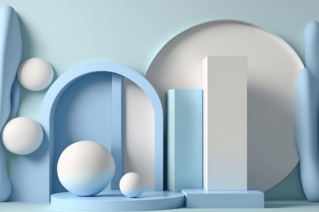 Arrière-plan abstrait et podium dans une scène de décor simple en bleu pastel et blanc À la mode pour les bannières de médias sociaux, la publicité et les produits cosmétiques affichent des formes géométriques intérieures