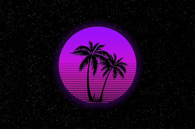 arrière-plan abstrait retrowave avec palmiers tropicaux