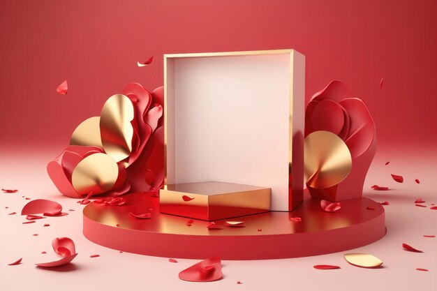 Arrière-plan d'affichage du podium 3D Boîte-cadeau ouverte surprise rouge Fleur de rose pétales tombants Généré par l'IA