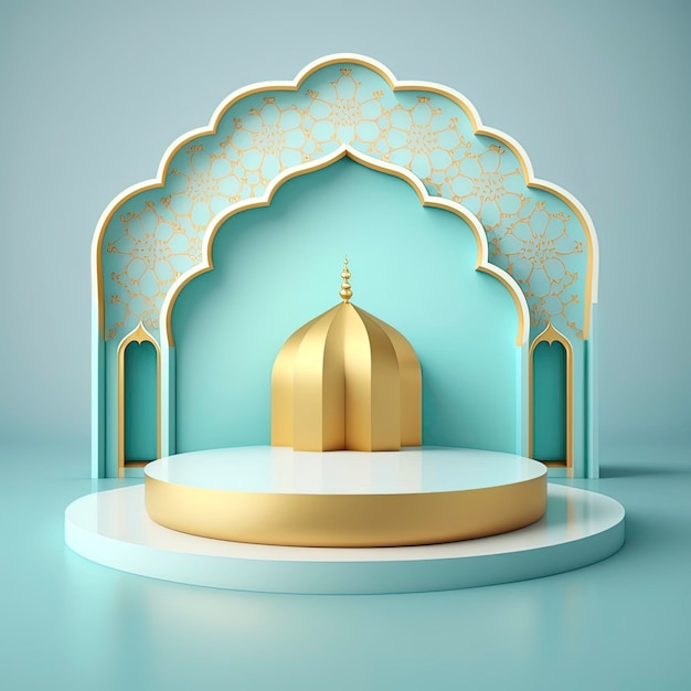 Arrière-plan d'affichage de produit à thème islamique dans la conception d'illustration de rendu 3d Cadre de portail de mosquée avec podium ou scène et espace vide