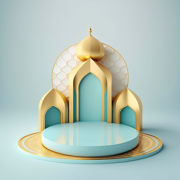 Arrière-plan d'affichage de produit à thème islamique dans la conception d'illustration de rendu 3d Cadre de portail de mosquée avec podium ou scène et espace vide