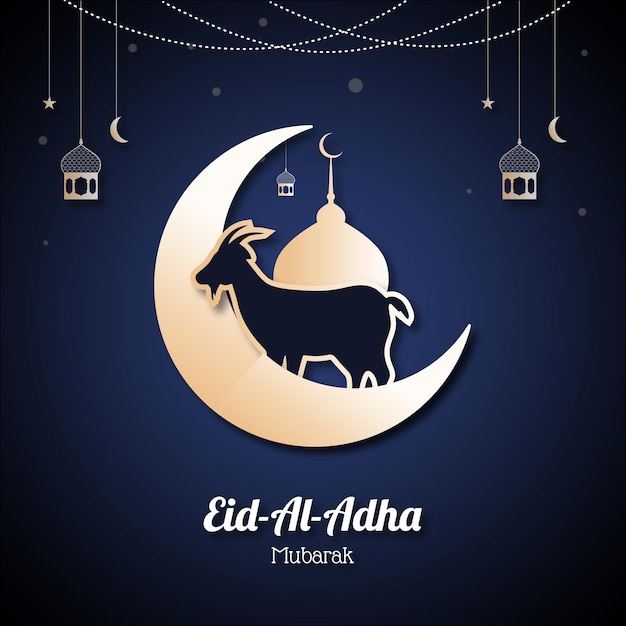 Arrière-plan de l'Aïd al-Adha avec le vecteur de la chèvre et de la lune