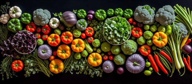 Arrière-plan alimentaire avec un assortiment de légumes biologiques frais sur fond noir Ingrédients bruts frais pour la cuisine saine ou la préparation de salades