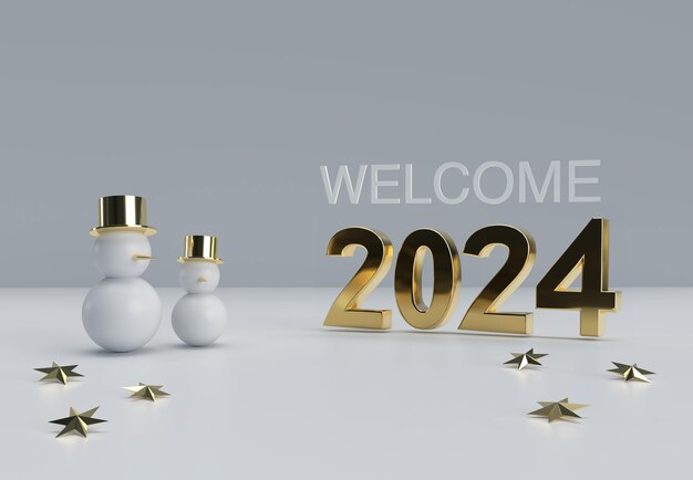 Photo arrière-plan de l'année nouvelle 2024 modèle de symbole de vacances de l'année nouvelle 2024 avec un bonhomme de neige et des étoiles dorées