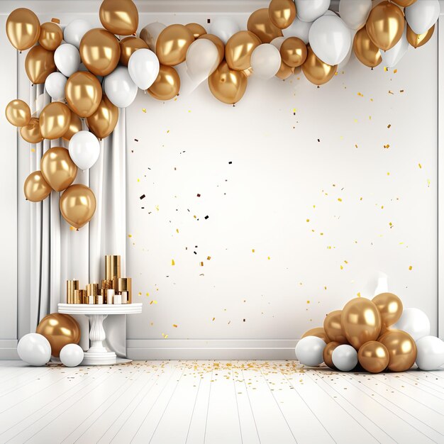 Arrière-plan d'anniversaire avec des ballons dorés et des confettis derrière une scène vide avec un fond blanc
