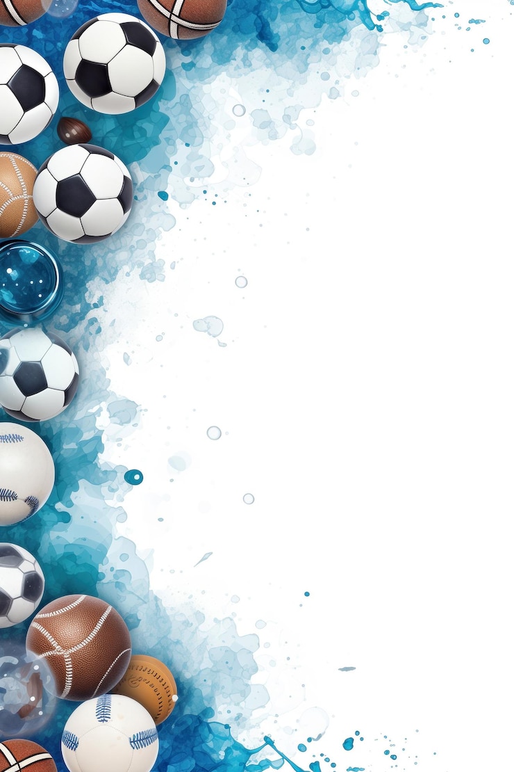Photo arrière-plan aquarelle bleu avec diverses balles de sport copier l'espace pour le texte