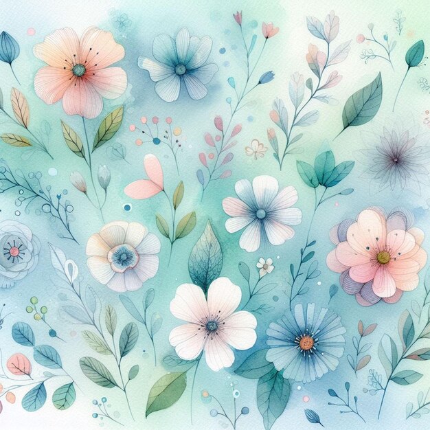 Arrière-plan en aquarelle avec des fleurs dessinées