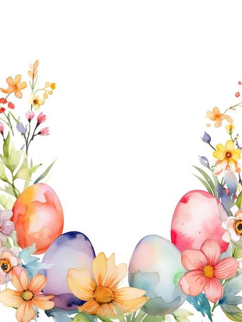 Arrière-plan d'aquarelle de Pâques avec des œufs, des fleurs et des feuilles