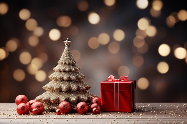 Arrière-plan d'un arbre de Noël et d'une boîte à cadeaux rouge sur un fond vide de Noël avec un espace de copie