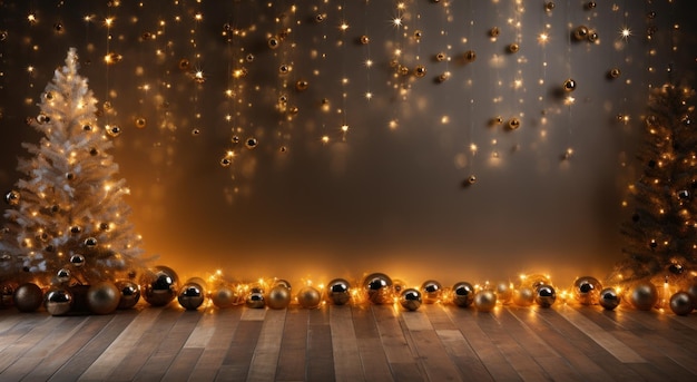 Photo un arrière-plan d'arbre de noël avec bokeh et des lumières floues sur une table en bois