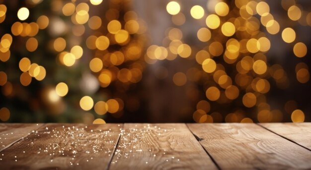 un arrière-plan d'arbre de Noël avec bokeh et des lumières floues sur une table en bois