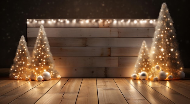 un arrière-plan d'arbre de Noël avec bokeh et des lumières floues sur une table en bois