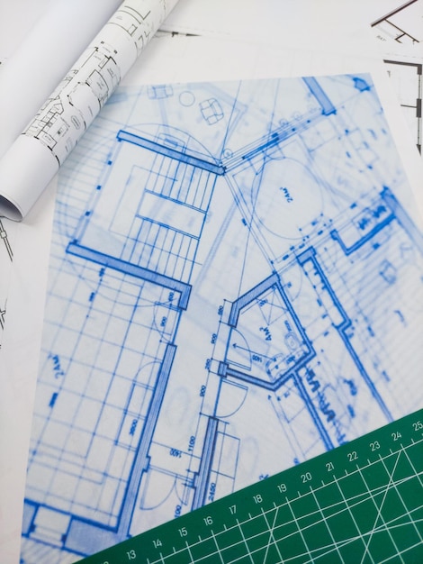 Photo arrière-plan architectural plan d'étage dessin plan technique impression bleue