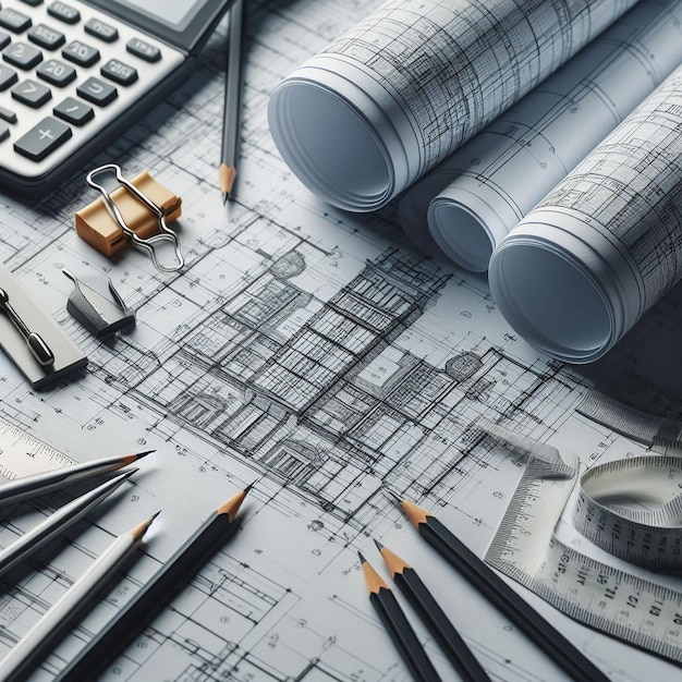 Arrière-plan architectural avec des plans, une calculatrice de modèle de maison et des crayons Concept de construction