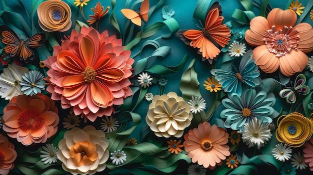 Arrière-plan d'art abstrait avec des fleurs de papier colorées et des papillons