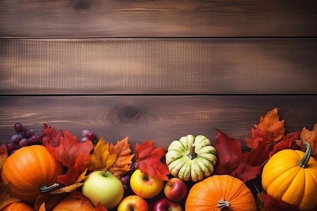Arrière-plan d'automne avec des citrouilles, des pommes et des feuilles sur fond de bois