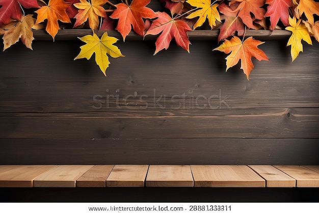 Arrière-plan d'automne avec des feuilles d'érable et une étagère en bois vide Arrière-plan d'automne avec un espace de copie pour l'affichage des produits