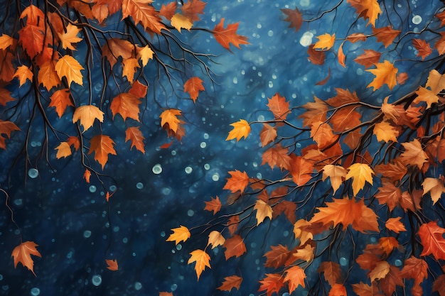 Arrière-plan d'automne avec des feuilles qui tombent, des lumières bokeh et des étoiles.