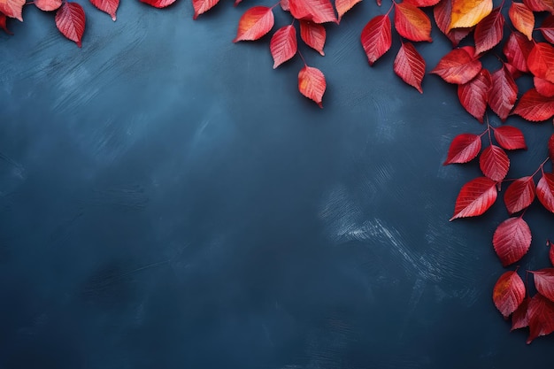 Arrière-plan d'automne avec des feuilles rouges colorées sur une ardoise bleue