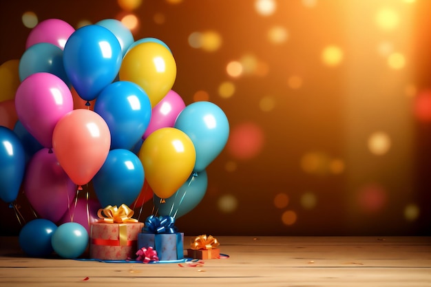 Arrière-plan des ballons d'anniversaire, des gâteaux et des cadeaux