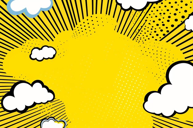 Arrière-plan de bande dessinée jaune vectoriel livre d'art pop ou arrière-plan d'affiche avec demi-ton et nuages