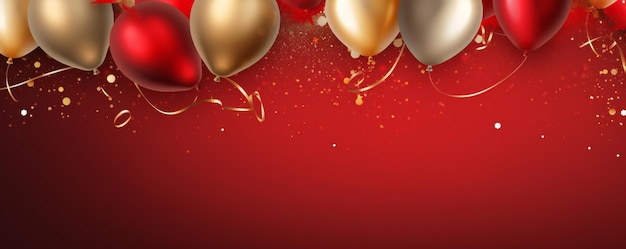 Arrière-plan de bannière de fête de célébration avec des ballons rouges et dorés et des confettis avec un espace de copie vide