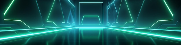 Arrière-plan de bannière moderne rectangulaire en vert néon sur le thème de la technologie, des jeux informatiques, de la réalité augmentée, de l'intelligence artificielle