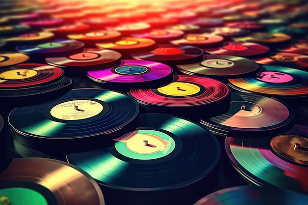 Arrière-plan avec beaucoup de disques vinyles vintage Generative AI