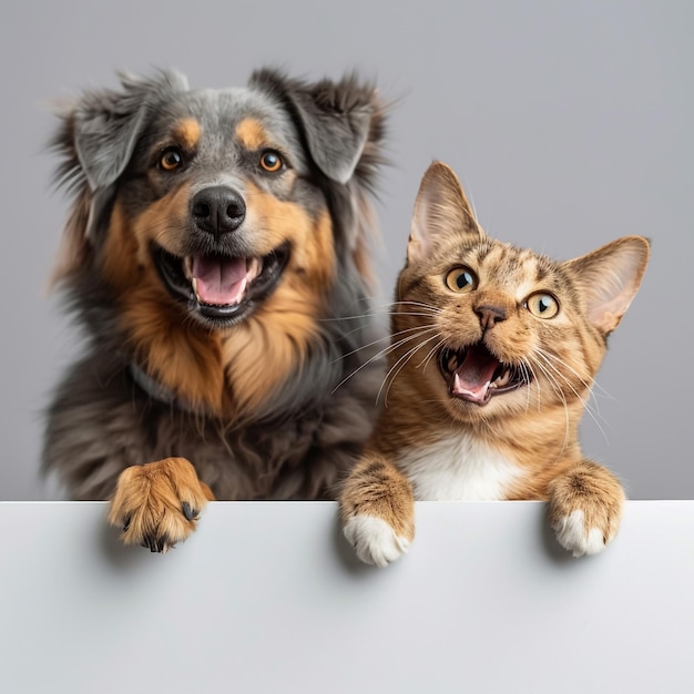 arrière-plan blanc chien heureux dans le ménage médical et le chat tenant un tableau blanc clair