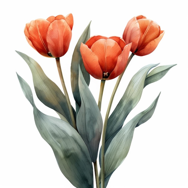 Arrière-plan blanc isolé avec une illustration à l'aquarelle de tulipes dans un bouquet