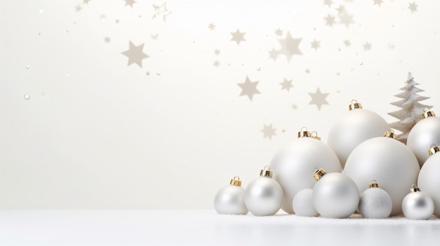 Arrière-plan blanc de Noël avec des boules et des feuilles de Noël