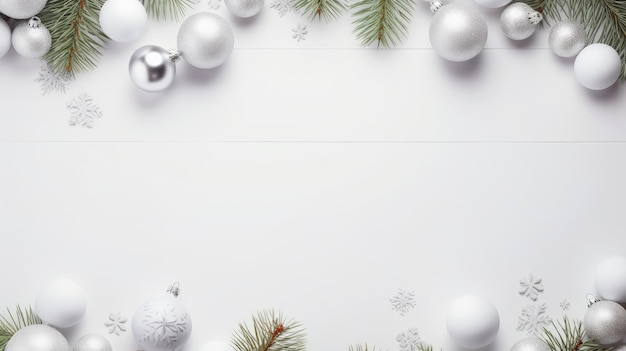 Arrière-plan blanc de Noël avec des branches et des boules d'arbre de Noël composition festive d'hiver avec espace de copie créée avec la technologie Generative AI