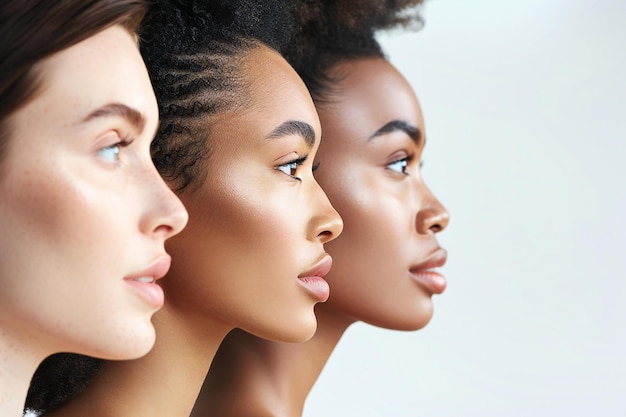 Arrière-plan blanc trois tons de peau différents des visages de femmes en profil sur le côté droit sp blanc